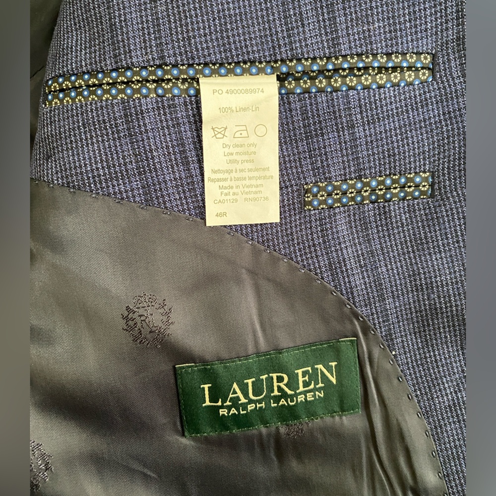 Lauren Ralph Lauren Blue Glen Plaid 100% Linen Spring Summer Blazer 46R - Picture 3 of 9